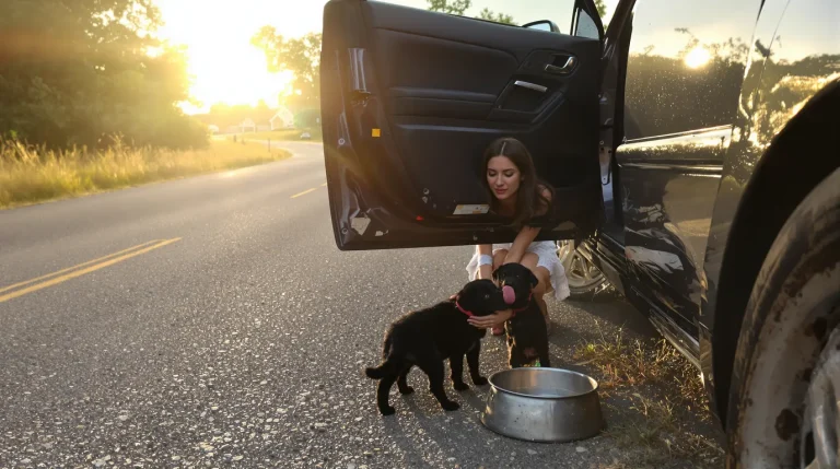 En voyant une chienne et ses 2 chiots au bord de la route, cette automobiliste fait demi-tour